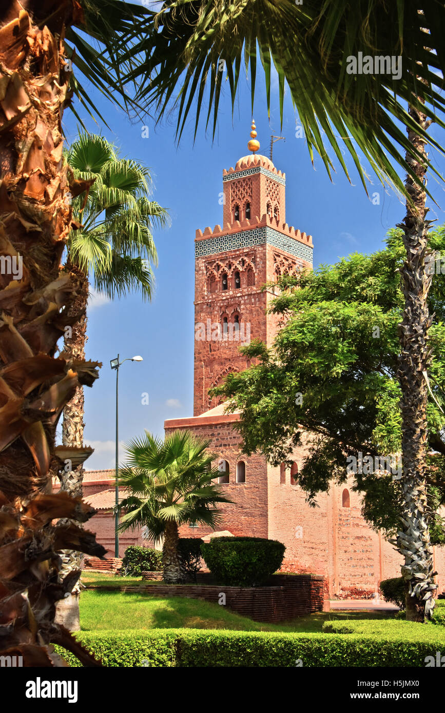 La Moschea di Koutoubia nel sud-ovest del quartiere della medina di Marrakech, Marocco Foto Stock
