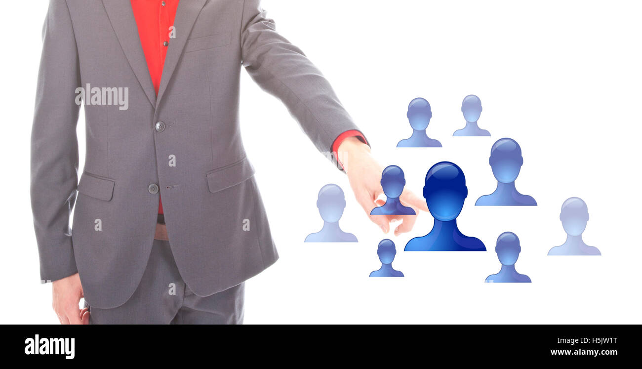 Giovane imprenditore con amici virtuali simbolo su sfondo bianco Foto Stock