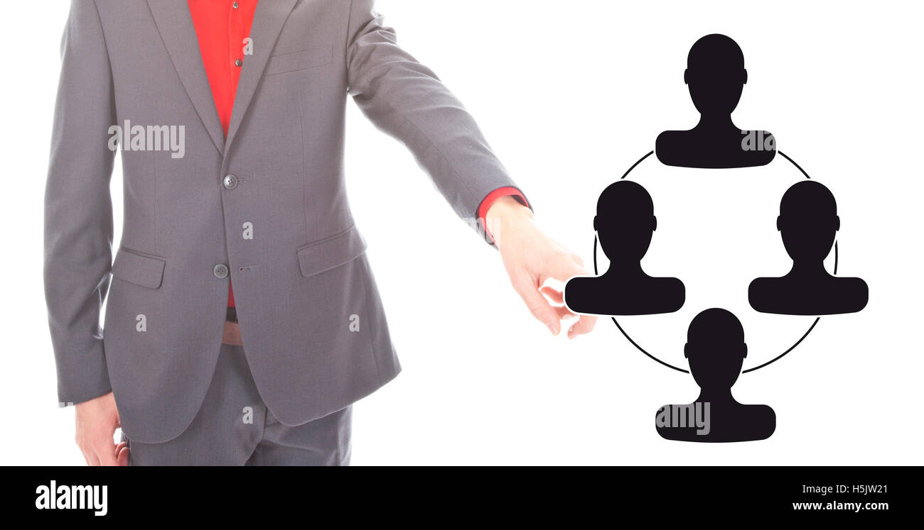 Giovane imprenditore con amici virtuali simbolo su sfondo bianco Foto Stock