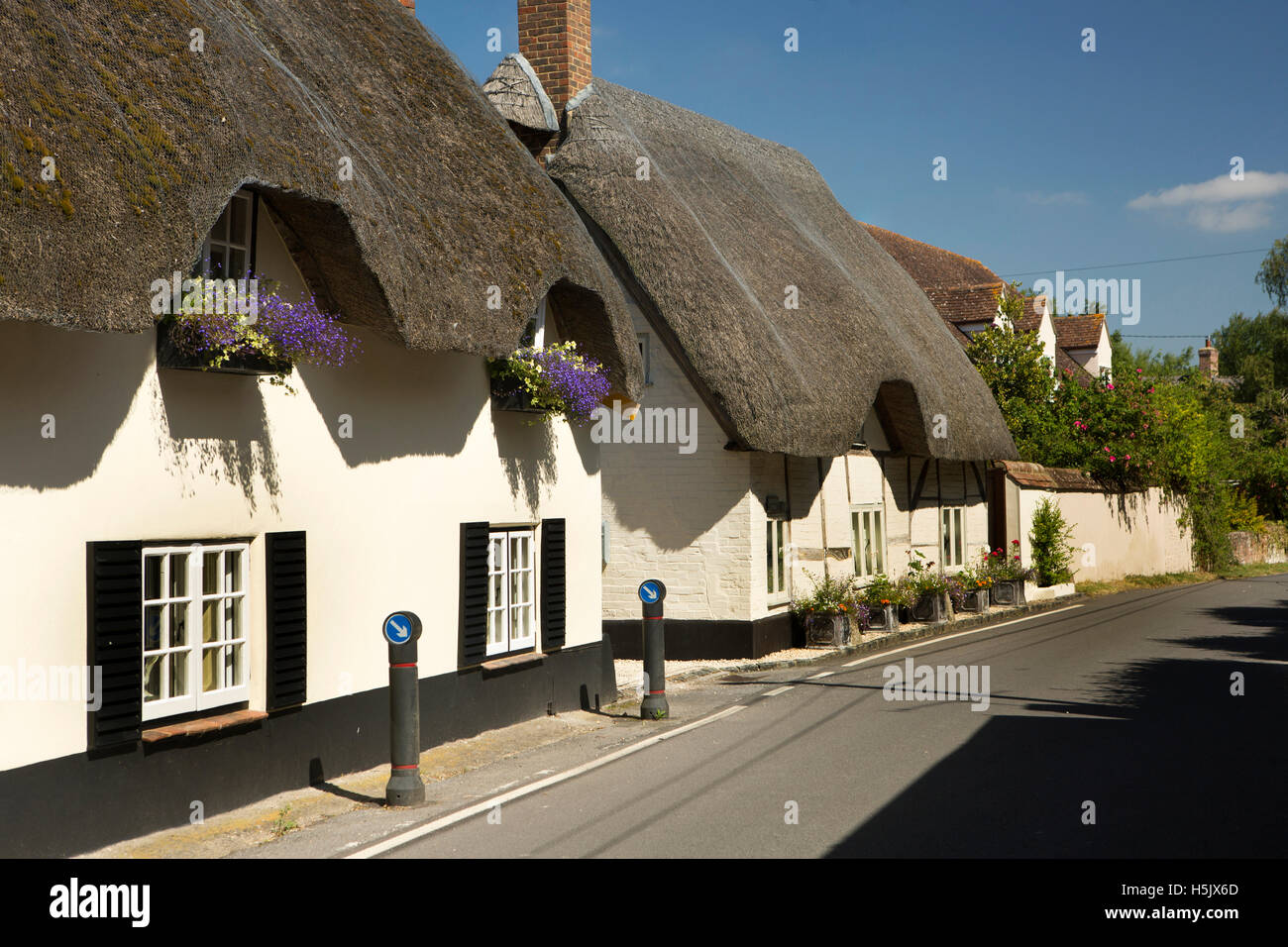 Regno Unito, Inghilterra, Wiltshire, Salisbury Plain, Enford, idilliaco cottage con il tetto di paglia di fianco alla strada Foto Stock