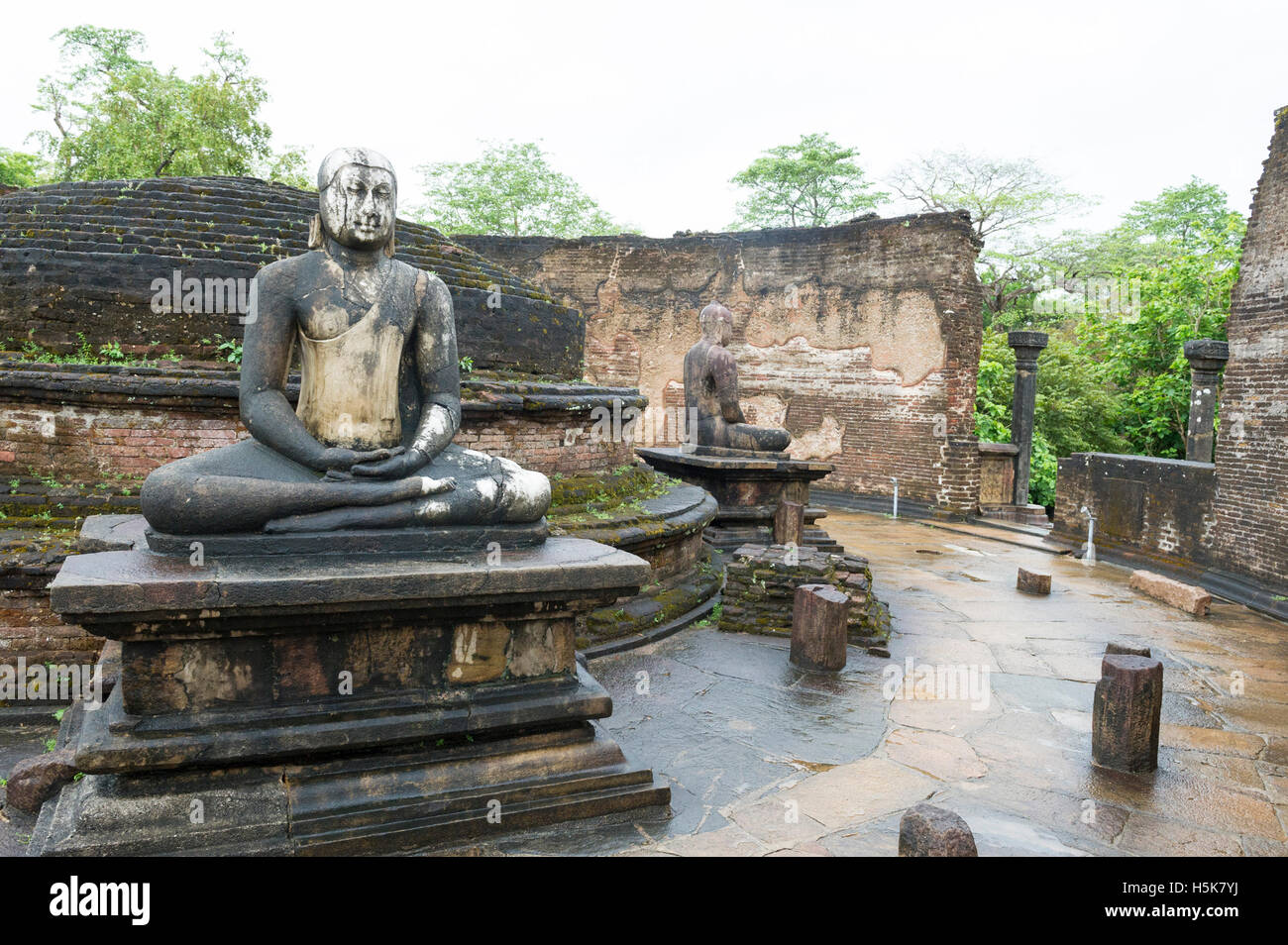 Buddha seduto nella Vatadage (circolare reliquia casa) nel sacro quadrangolo nell'antica città di Polonnaruwa, Sri Lanka Foto Stock