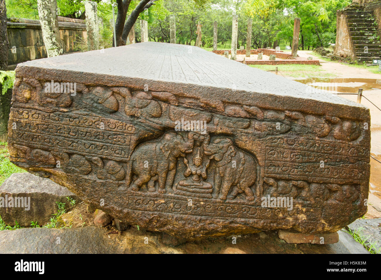 Gal Pota iscrizioni (Libro di pietra) nel sacro quadrangolo nell'antica città di Polonnaruwa, Sri Lanka Foto Stock