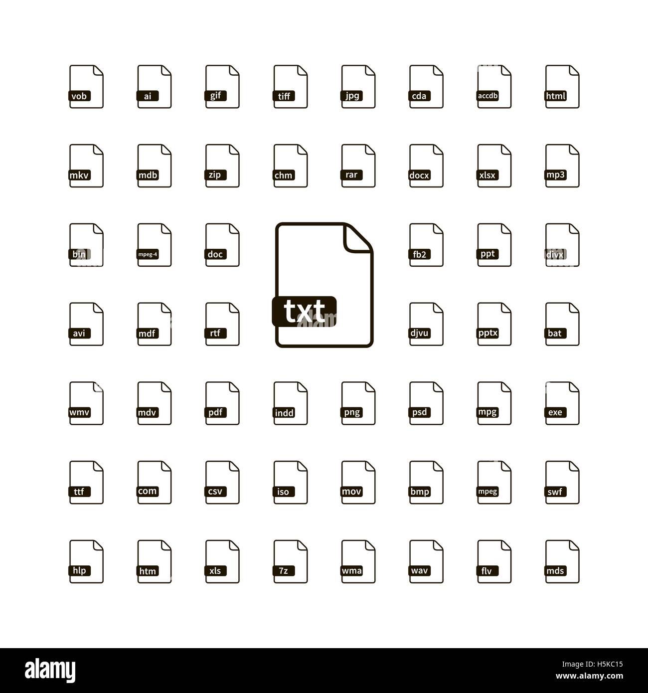 Grande insieme di semplice nero icone di file con la maggior parte delle estensioni comuni su bianco Illustrazione Vettoriale