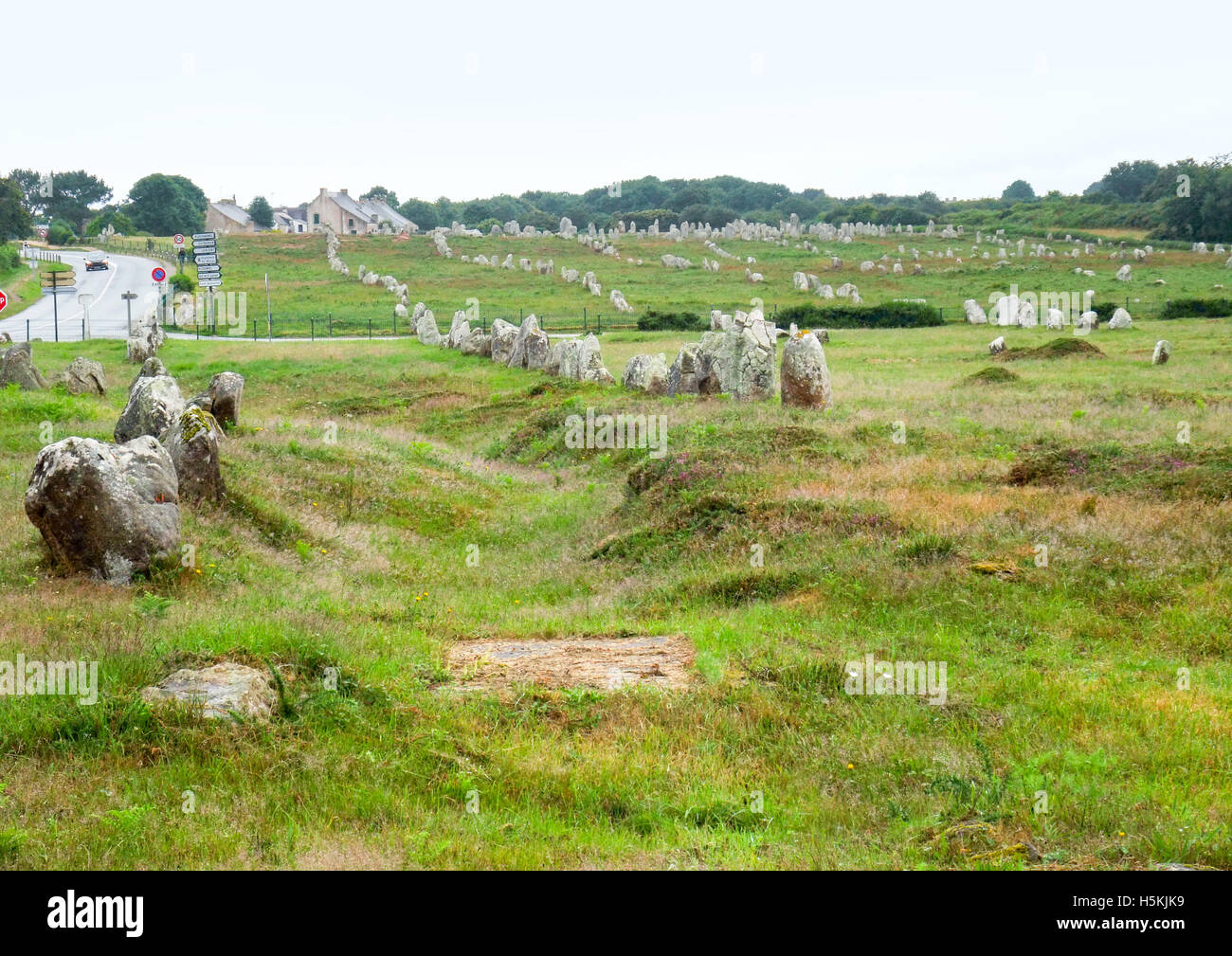 Paesaggio intorno le pietre di Carnac, un sito megalitico in Bretagna, Francia Foto Stock