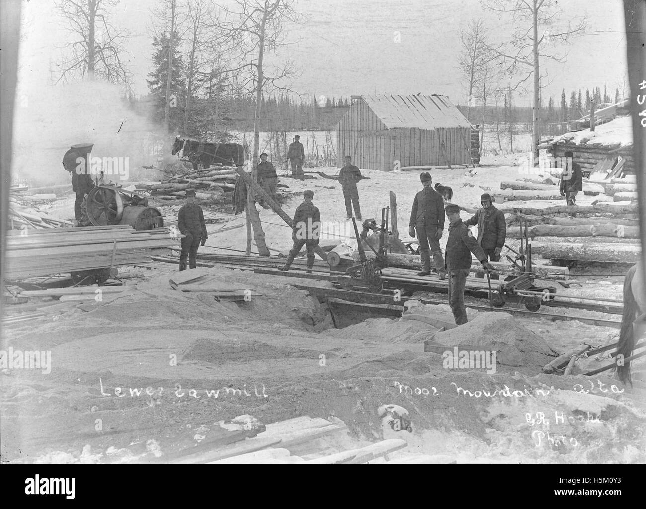 Questa fotografia mostra la Lewis Sawmill situata a Moose Mountain, Alberta. L'immagine probabilmente cattura la segheria in funzione, una parte importante dell'economia locale durante l'inizio del XX secolo. Foto Stock