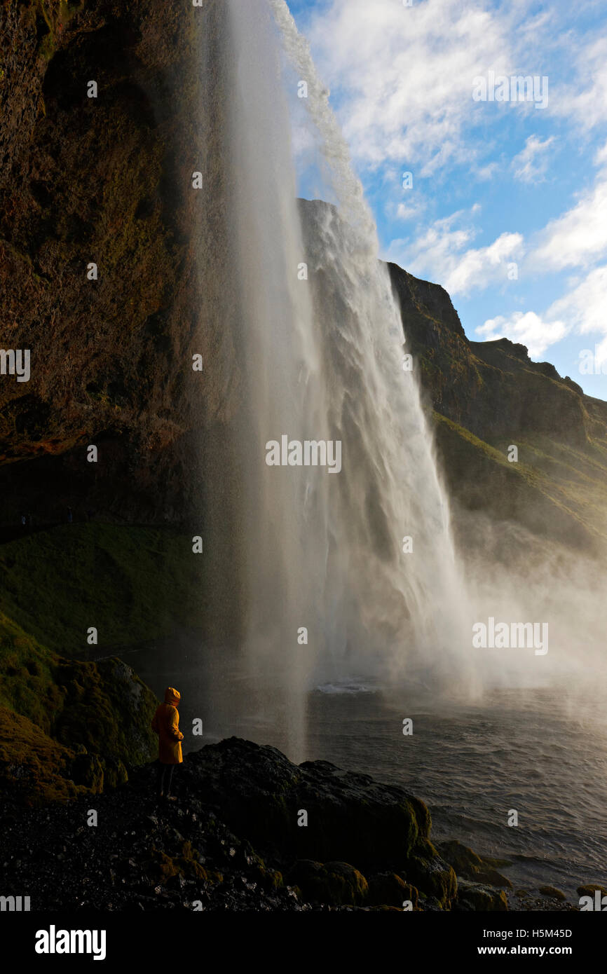 Persona in piedi accanto a cascata Seljalandsfoss, Sud dell'Islanda, del Nord Atlantico, Europa Foto Stock