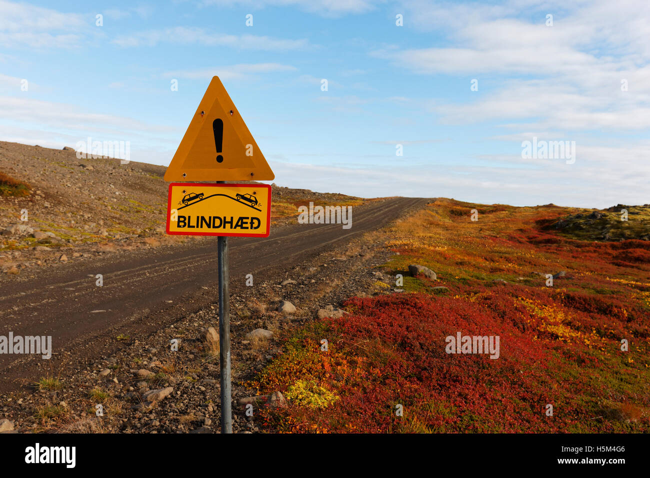 Blind spot hill road sign avvertimento, Westfjörds, Islanda, Atlantico del Nord, Europa Foto Stock