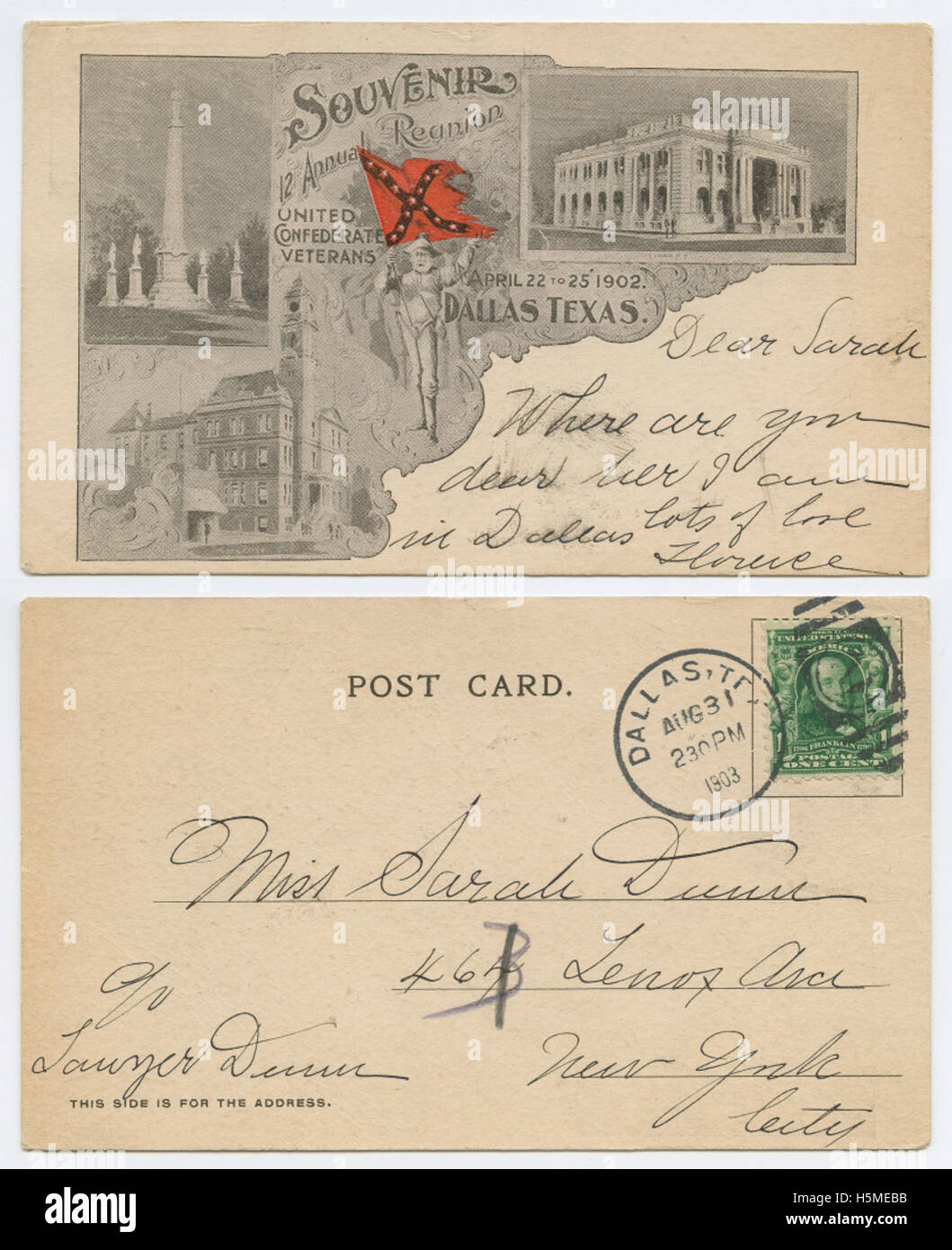 Questa cartolina ricordo commemora la dodicesima riunione annuale dei veterani confederati Uniti tenutasi a Dallas il 22 aprile. La riunione onorò i veterani confederati e la loro eredità durante il periodo post-guerra civile. Foto Stock