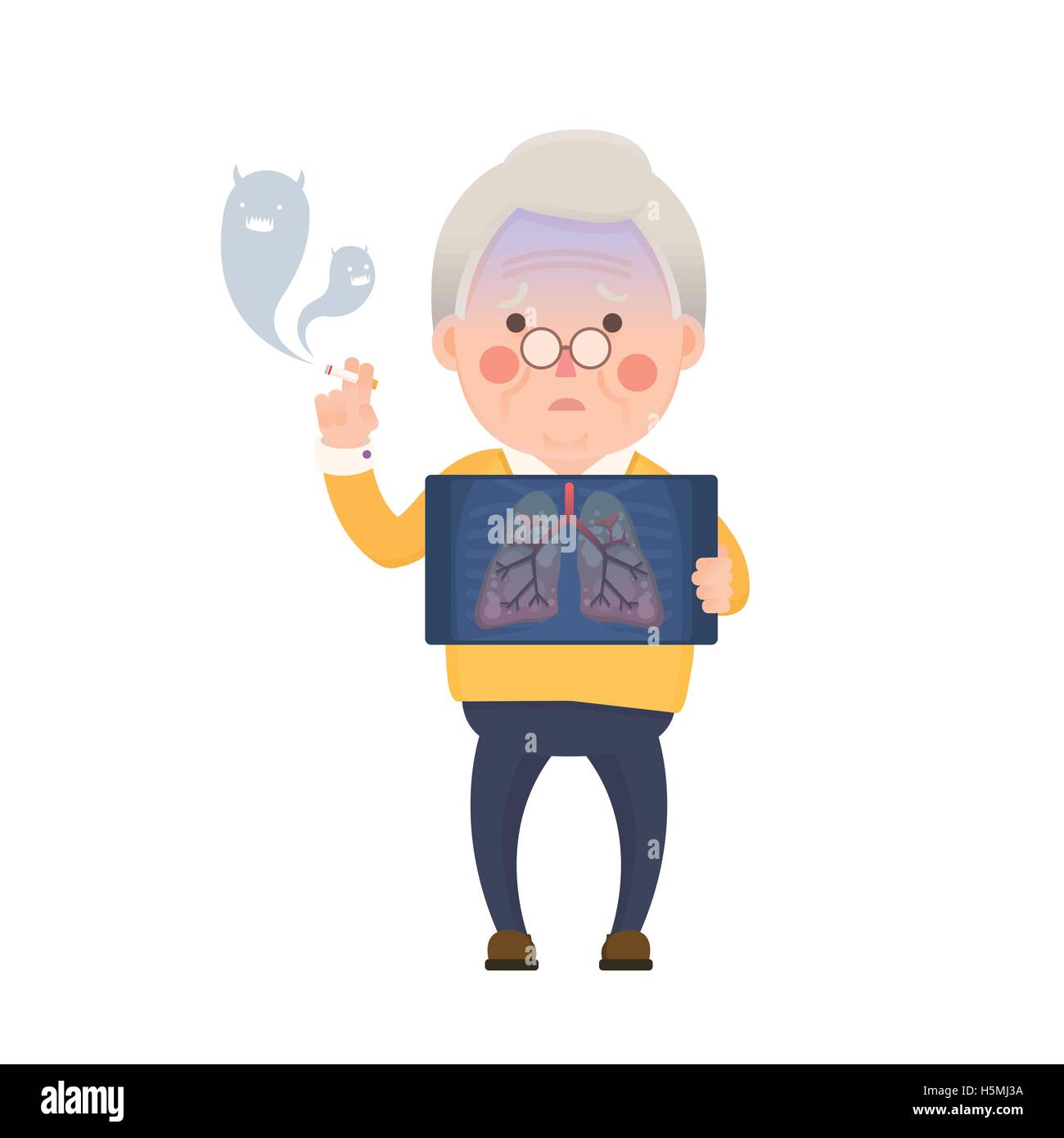 Illustrazione Vettoriale di Vecchio Uomo Sigaretta fumare tenendo fermo immagine a raggi X che mostra polmonare enfisema polmonare Problema Illustrazione Vettoriale