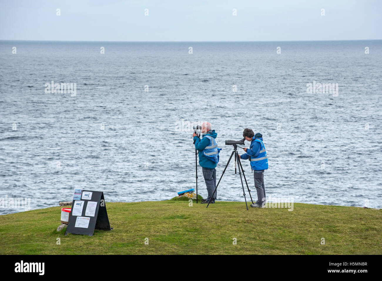 Whale and Dolphin watchers cercando gli animali marini a testa Stoer / Stoerhead, Sutherland, Highlands scozzesi, Scozia Foto Stock