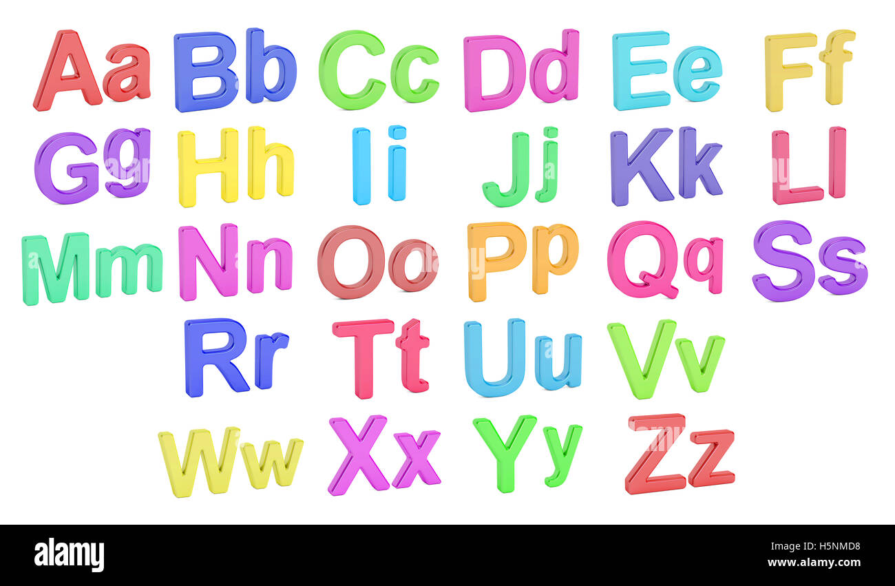 Alfabeto colorato, piccoli e grandi lettere, 3D rendering isolati su sfondo bianco Foto Stock