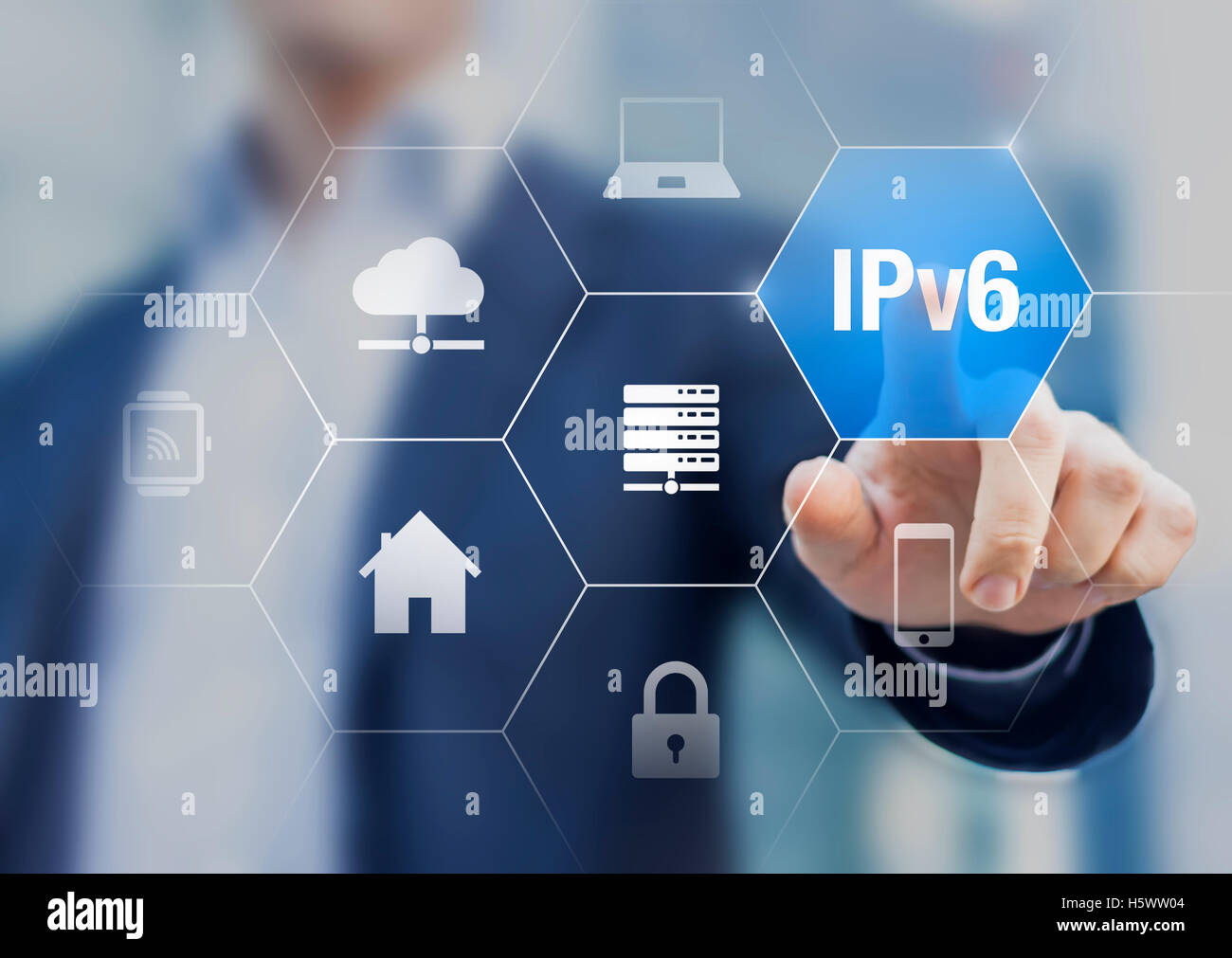 Presentazione del protocollo Internet IPv6 per collegare tutti gli oggetti intelligenti delle nostre case e la vita, concetto iot circa Foto Stock