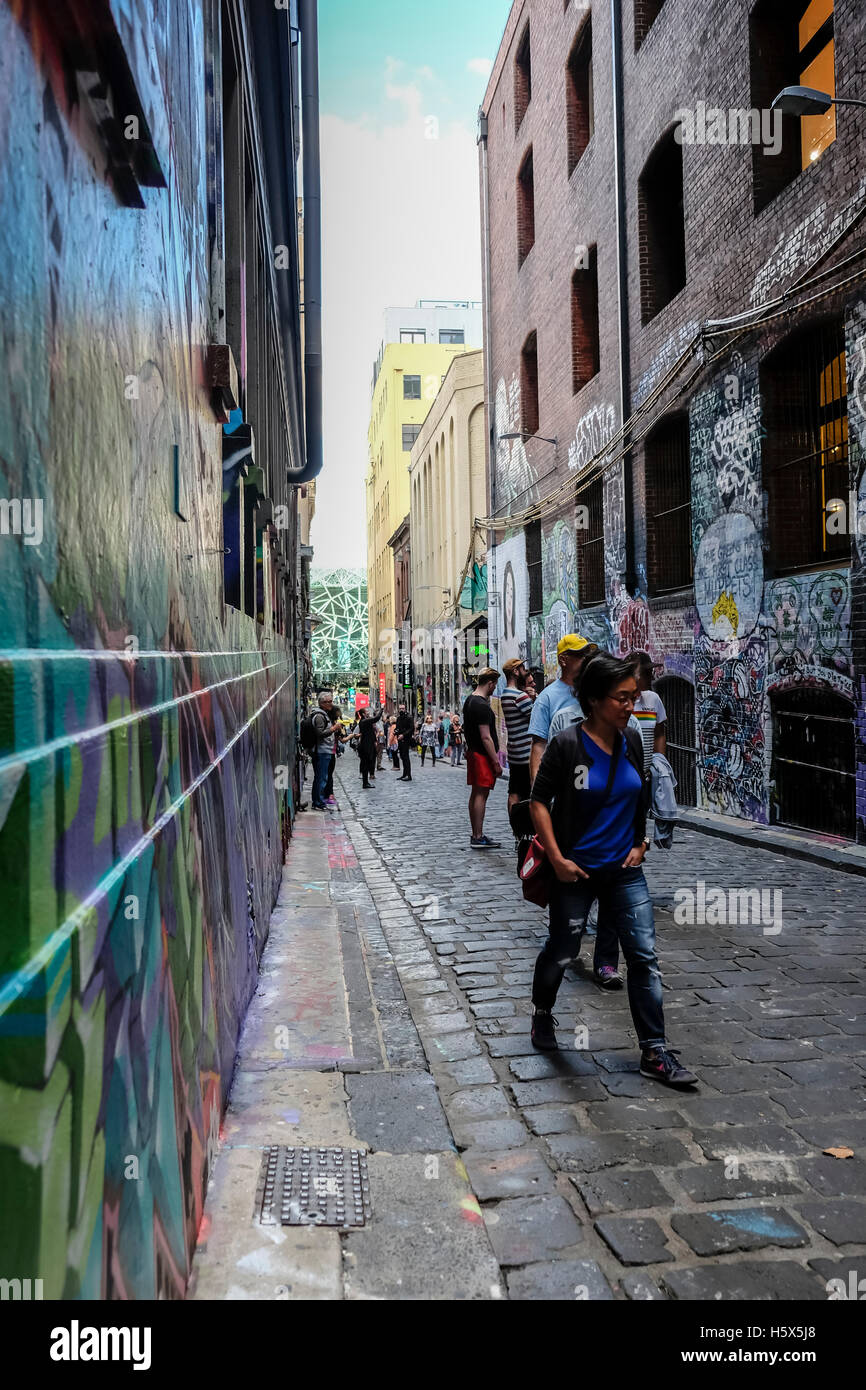Graffiti e arte di strada in Hosier Lane, Melbourne, Australia Foto Stock