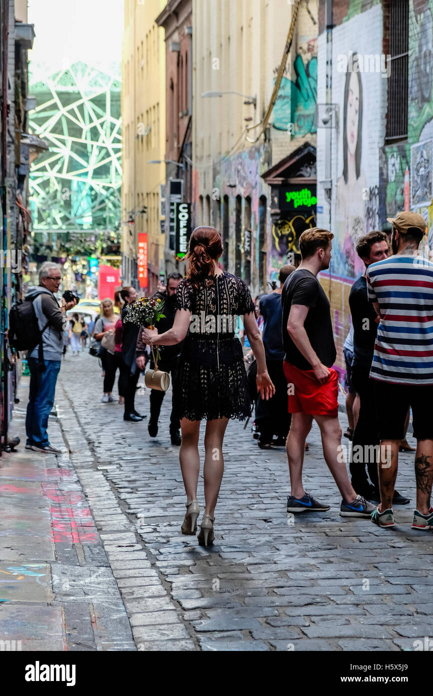 Graffiti e arte di strada in Hosier Lane, Melbourne, Australia Foto Stock