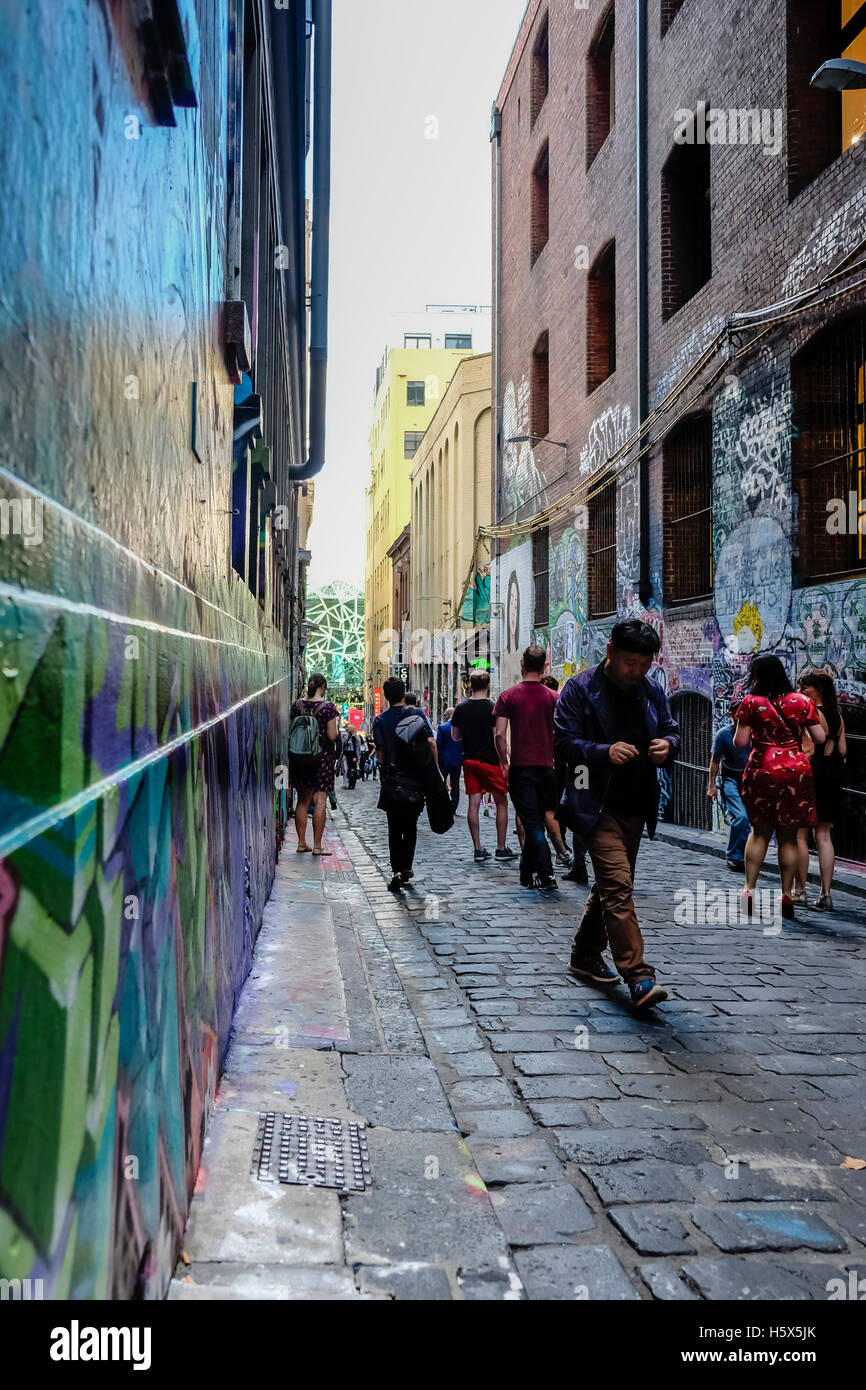Graffiti e arte di strada in Hosier Lane, Melbourne, Australia Foto Stock