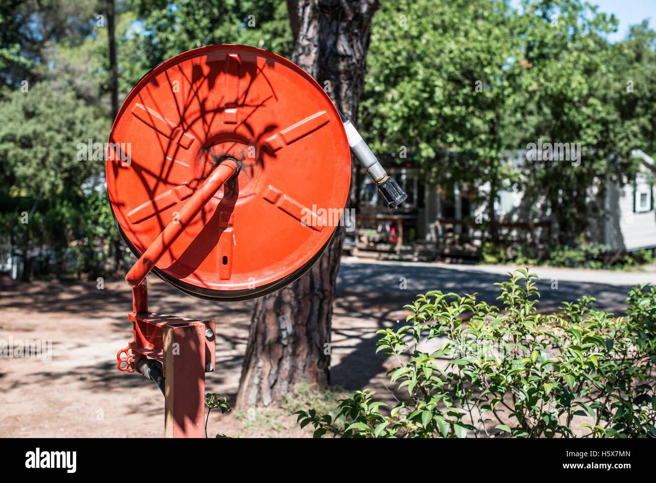 Estintore in un giardino. Alberi e case Foto Stock