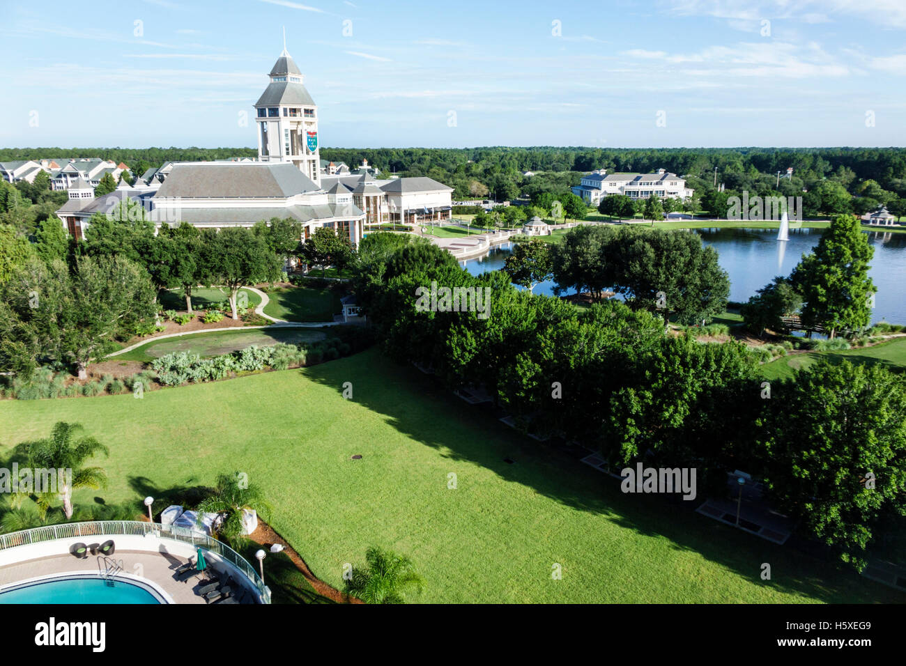 Saint Augustine Florida, World Golf Village, acqua, lago, Hall of Fame, torre, esterno, FL160802001 Foto Stock