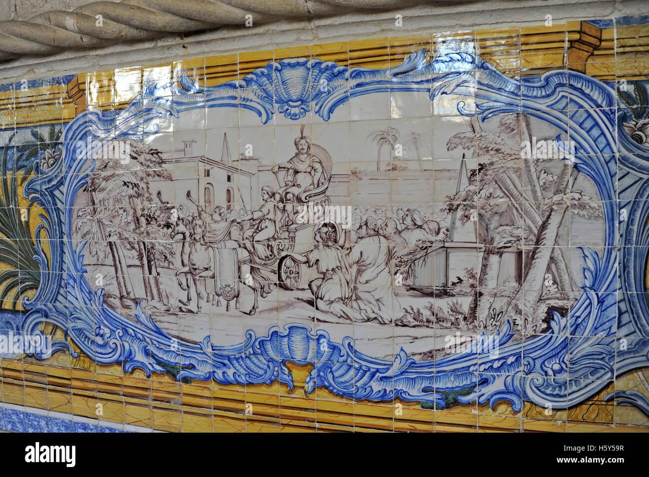 Ceramica Azulejos nell antico refettorio, Santa-Maria de Belem chiesa, il Monastero di Jeronimos, Hieronymites Monastero, Belem, Lisboa Foto Stock