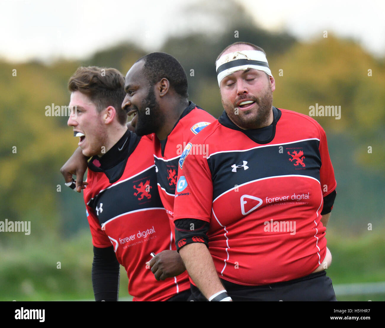 Manchester REGNO UNITO 22 ottobre 2016 Broughton Park giocatori celebrare una prova nella loro Sud Lancs/Cheshire divisione 1 match contro Anselmians. Broughton Park win 59-12 per passare alla quarta nella tabella. Foto Stock