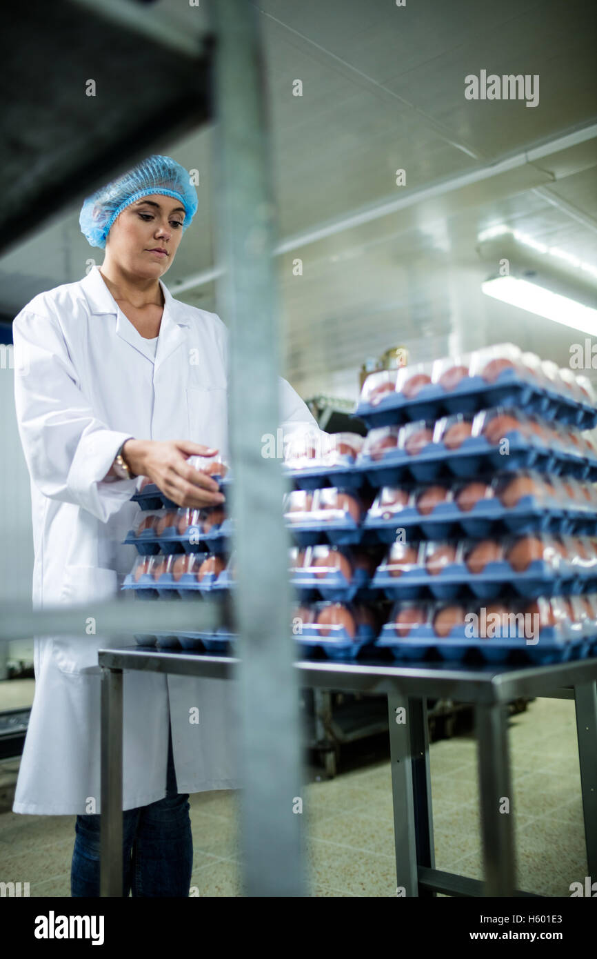 Personale femminile disponendo confezione di uova accanto alla linea di produzione Foto Stock