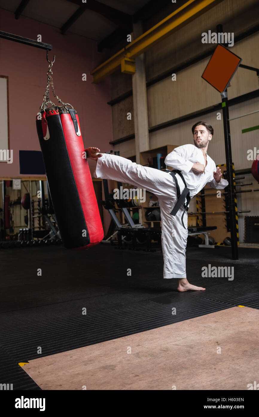 Uomo a praticare il karate con sacco da boxe Foto Stock