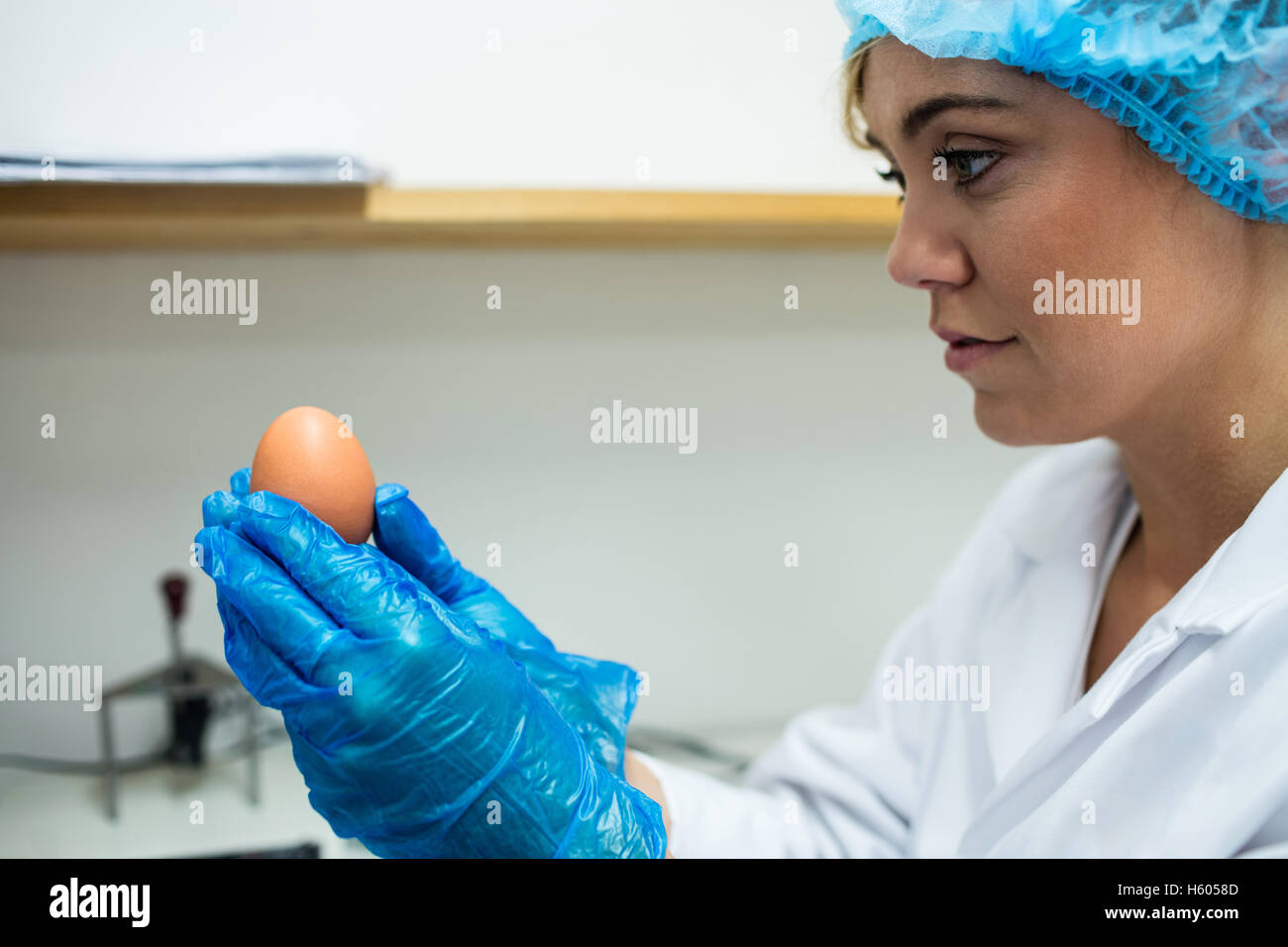 Bella personale femminile esaminare l'uovo Foto Stock