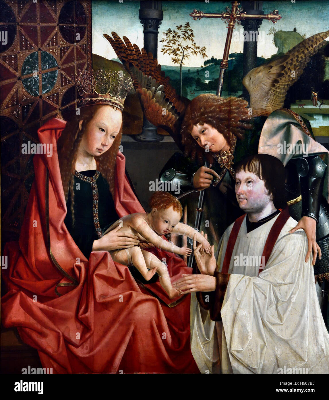 Maria con Bambino, San Michele Arcangelo e un donatore 15-16 secolo Meister des Anversa Marien Triptychons fiammingo Olandese Olandese Foto Stock