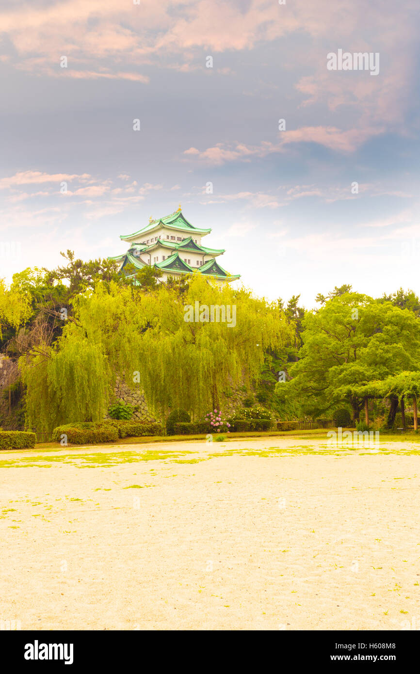 Antico Castello Nagoya roccaforte al di sopra di un verde treeline su un colorato tramonto Cielo sera in Giappone. In verticale Foto Stock