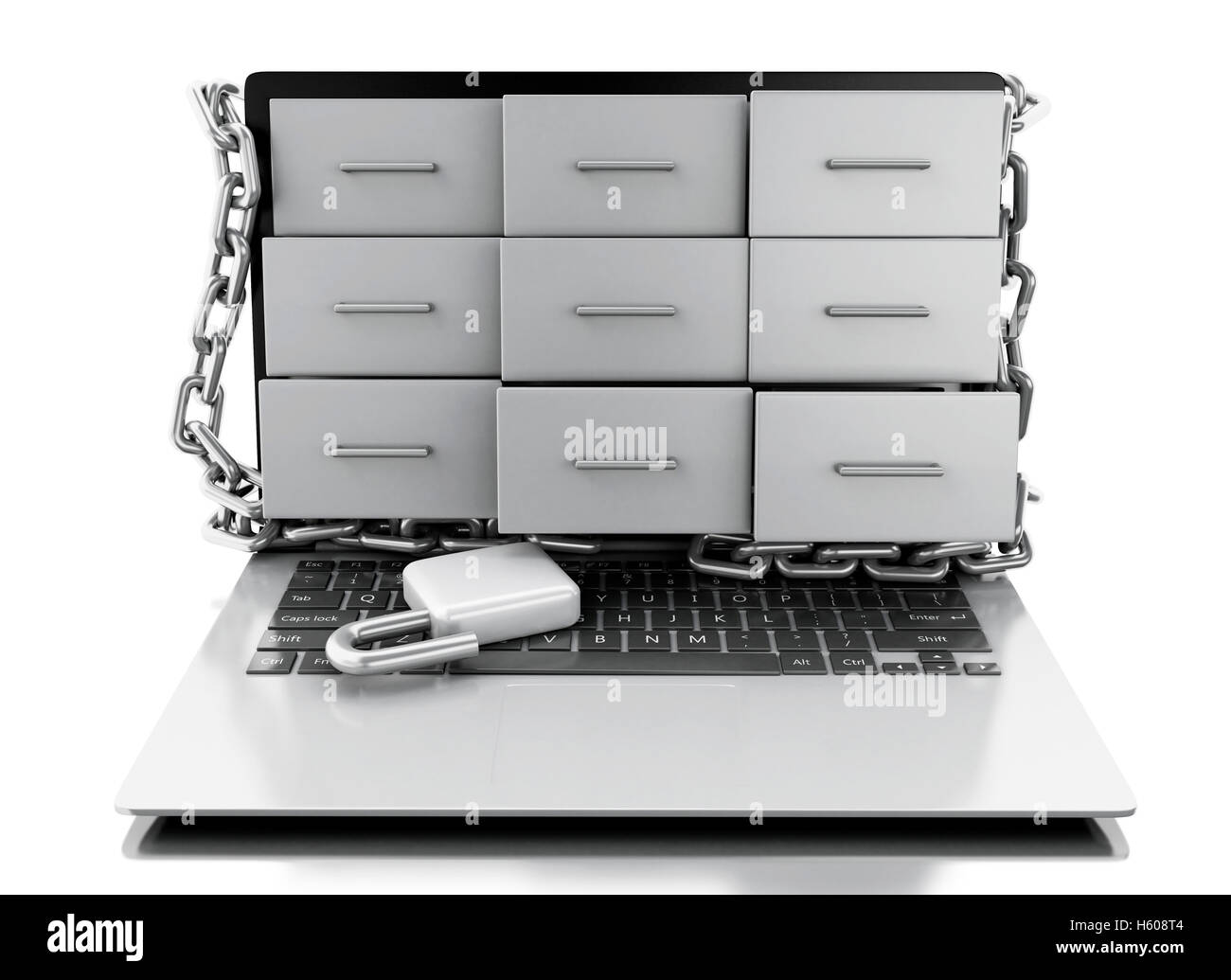 3D renderer immagine. Armadietti di file nel computer portatile con lucchetto aperto. Sicurezza dei dati concetto. Isolato sullo sfondo bianco. Foto Stock