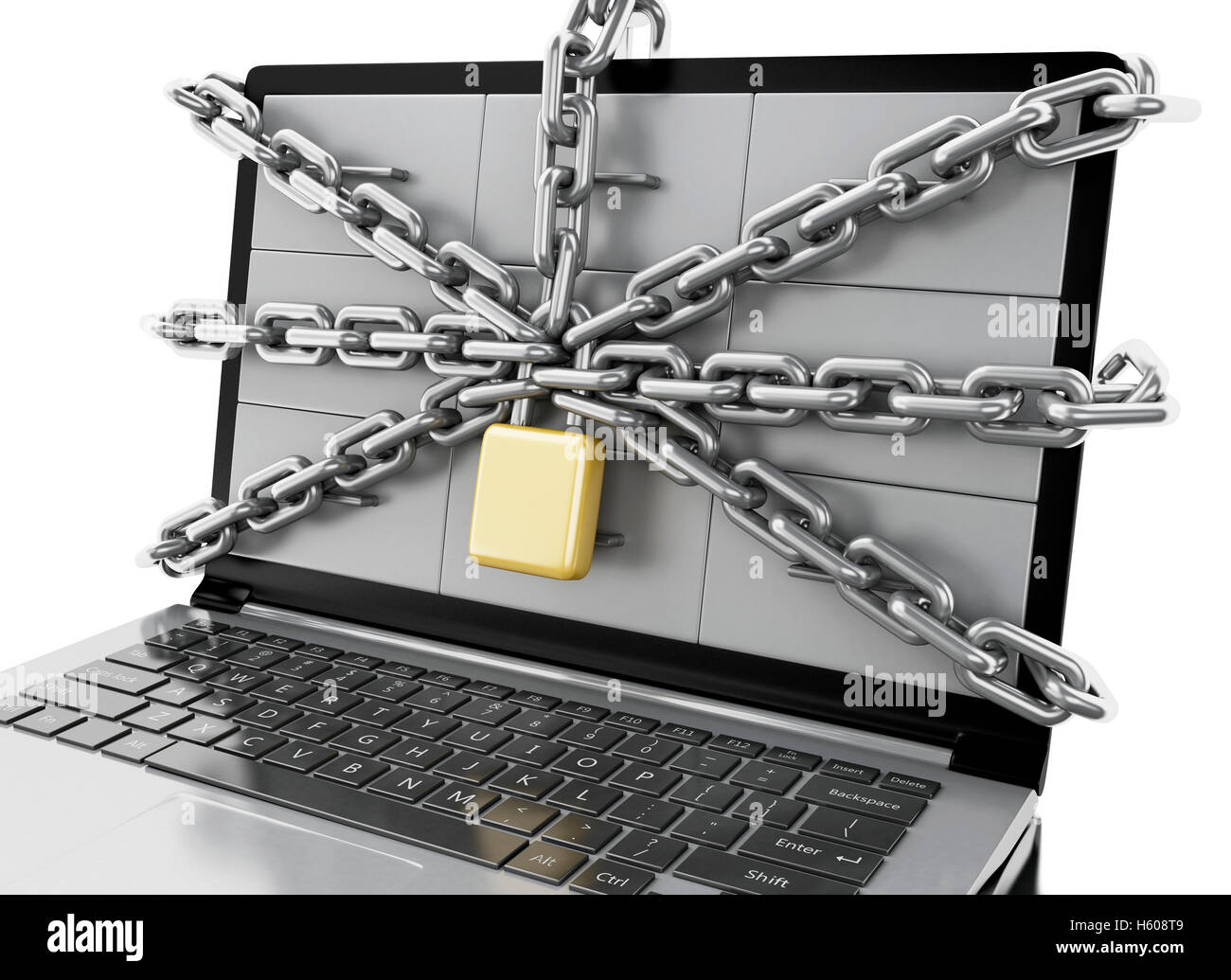 3D renderer immagine. Armadietti di file nel computer portatile con lucchetto. Sicurezza dei dati concetto. Isolato sullo sfondo bianco. Foto Stock