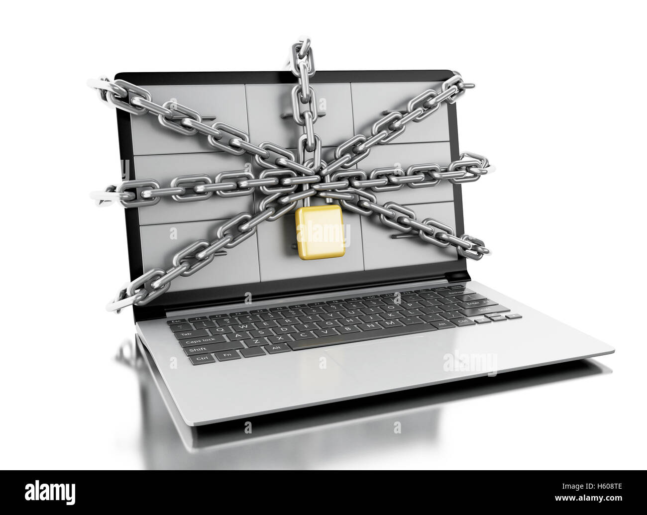 3D renderer immagine. Armadietti di file nel computer portatile con lucchetto. Sicurezza dei dati concetto. Isolato sullo sfondo bianco. Foto Stock