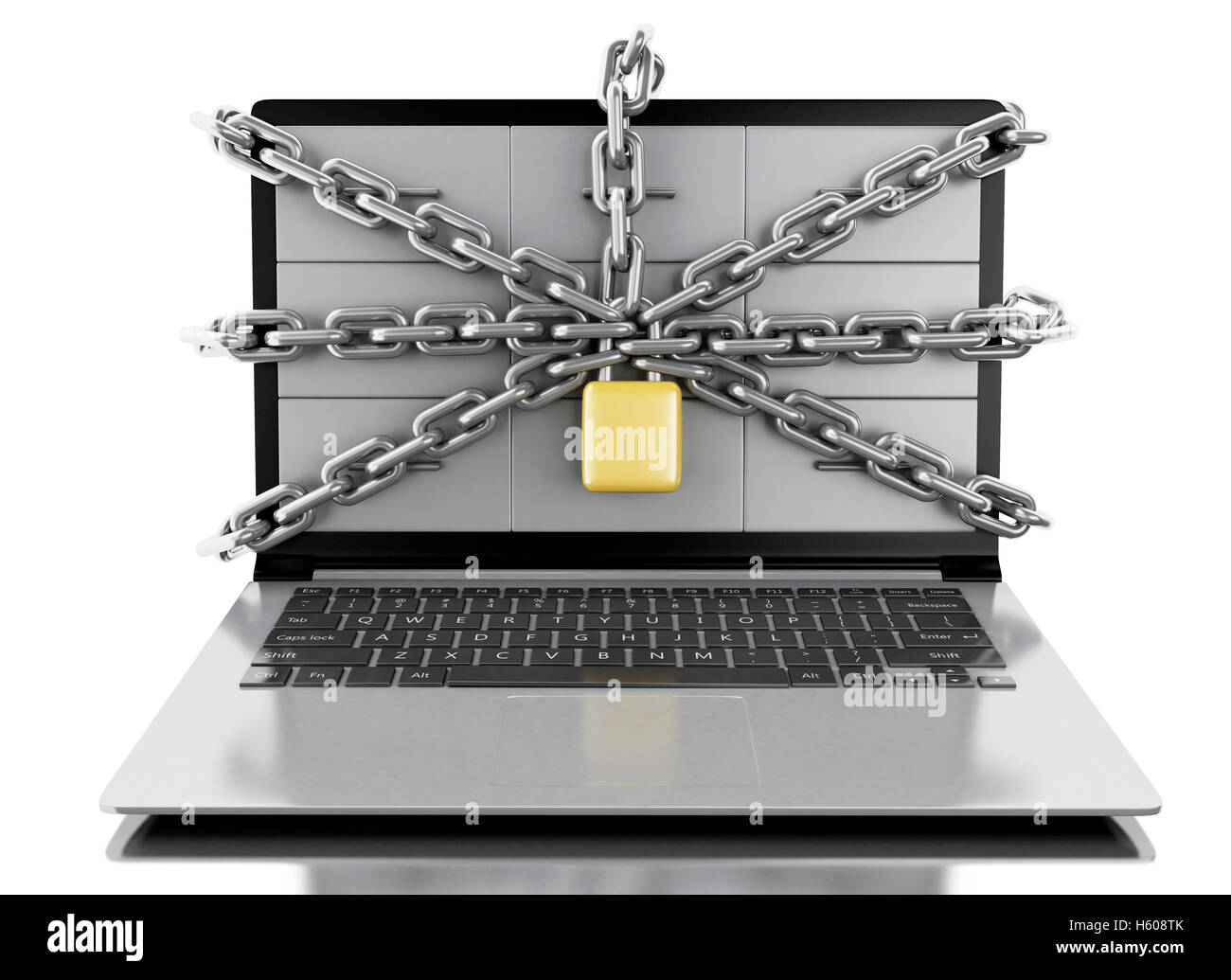 3D renderer immagine. Armadietti di file nel computer portatile con lucchetto. Sicurezza dei dati concetto. Isolato sullo sfondo bianco. Foto Stock