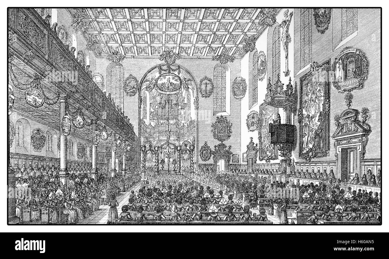 Anno 1703, servizio divino presso la chiesa della Santa Croce a Augsburg Foto Stock