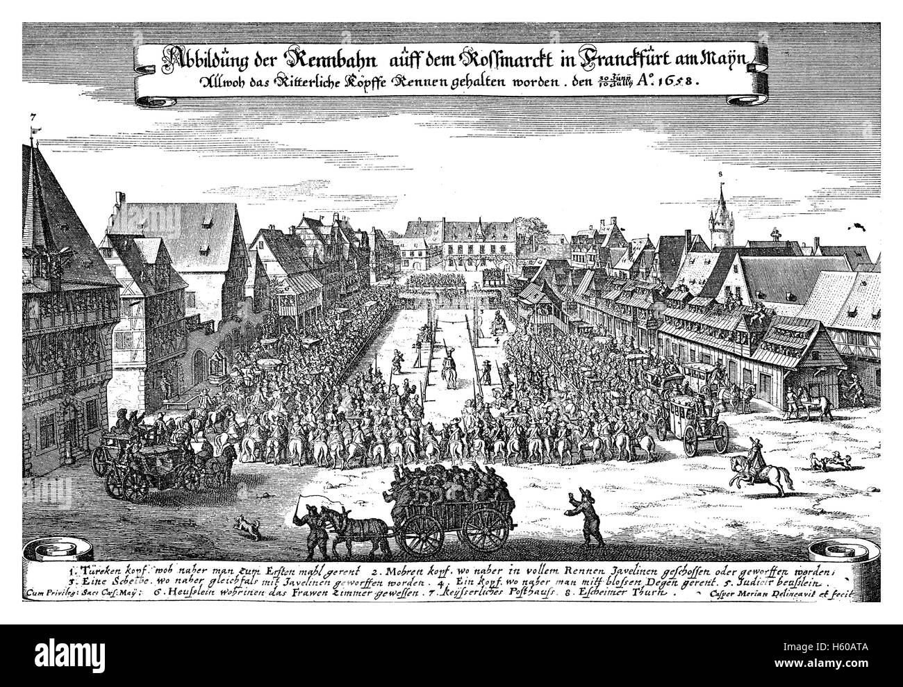 Francoforte Germania, anno 1658 incisione che rappresenta il cavallo di razza in Rossmarkt Foto Stock