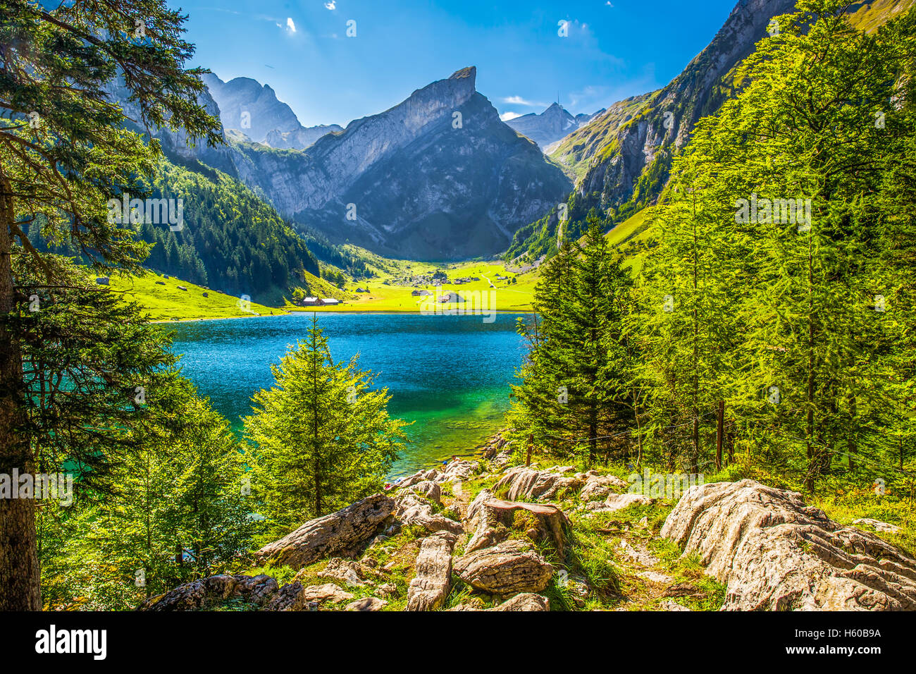 Tourquise Seealpsee chiaro con le Alpi Svizzere (Monte Santis) in background, Appenzeller Land, Svizzera Foto Stock