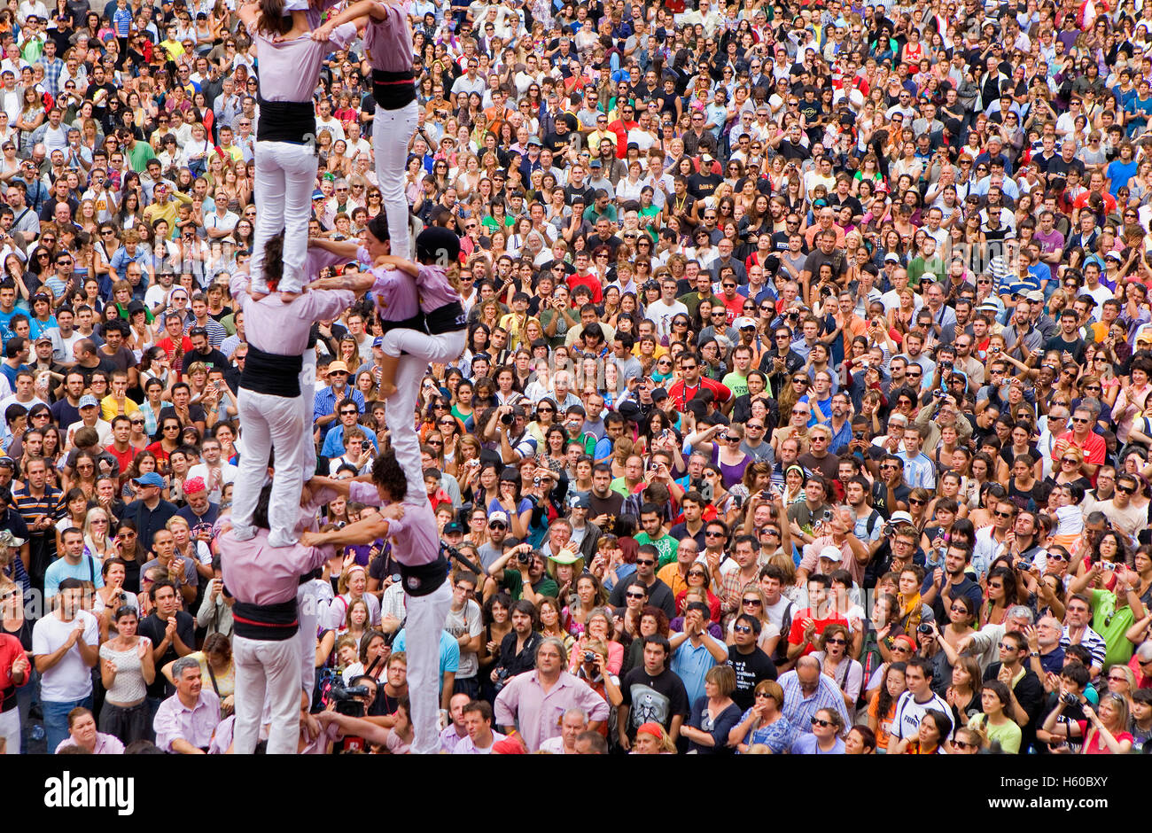 Minyons de Terrassa."Castellers' edificio torre umana, una tradizione catalana.Festa de la Merçe, festa della città. Plaça de Sant Jaume Foto Stock