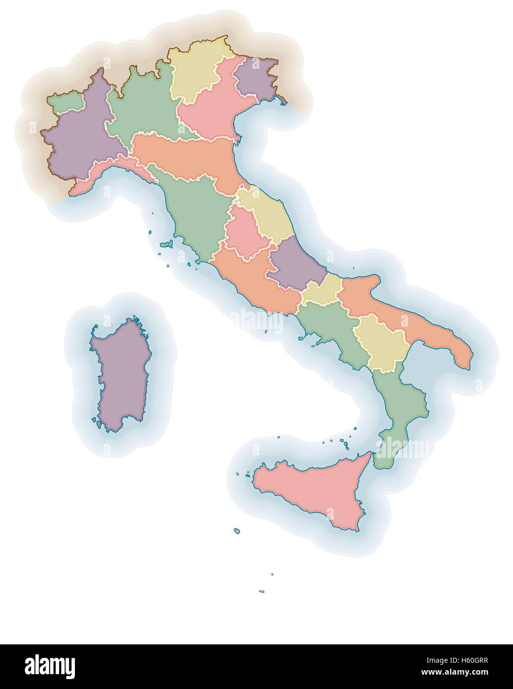 Regioni italiane confini mappa vuota. Mappa politico dell'Italia. Uno strato per ogni regione. Illustrazione Vettoriale