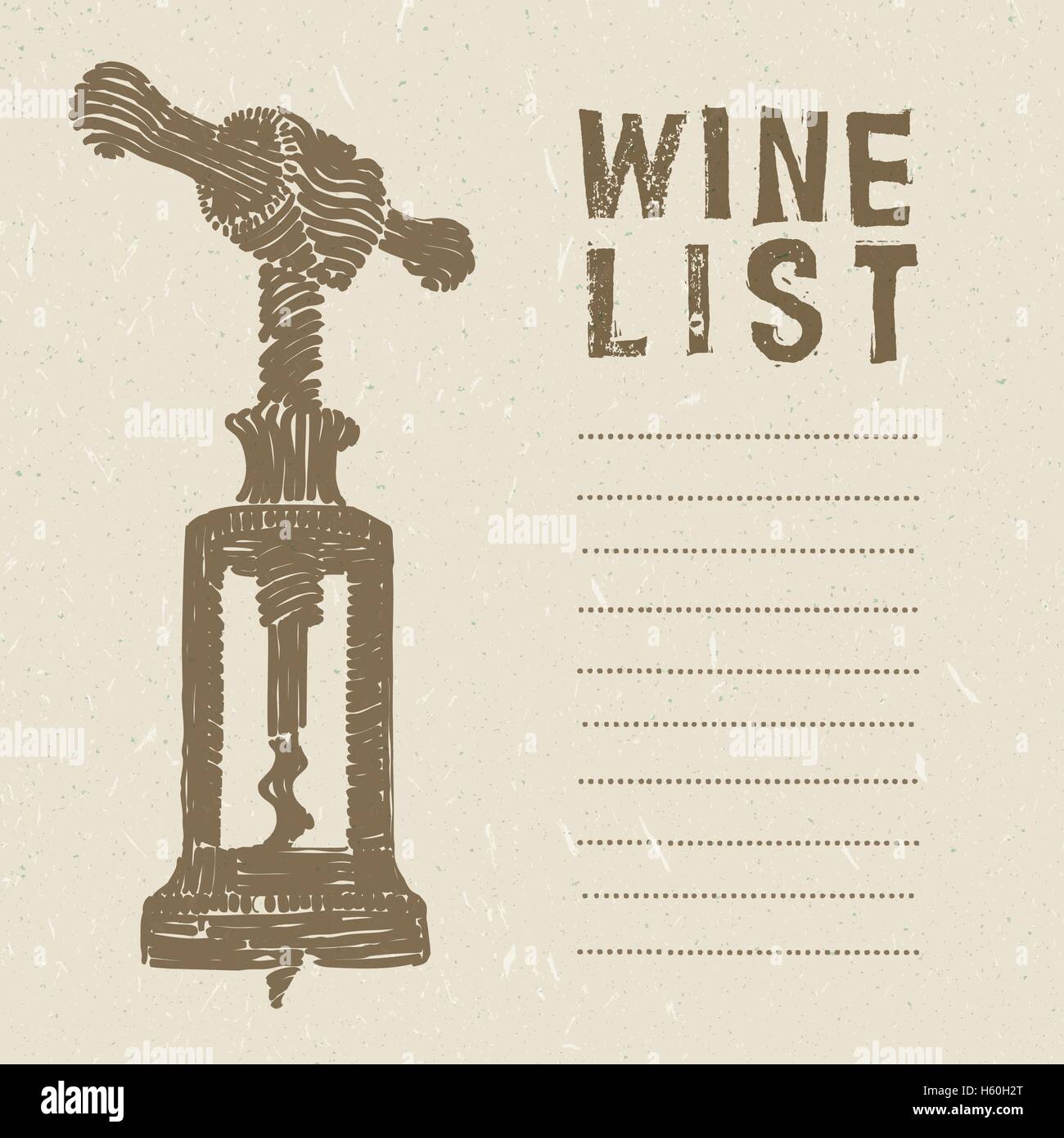 Lista dei vini pagina con una illustrazione di un cavatappi vintage Illustrazione Vettoriale