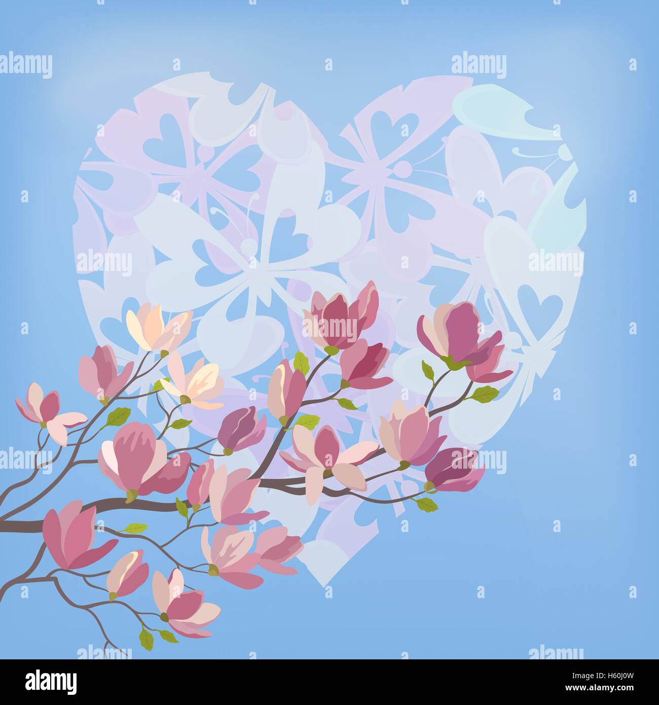 Fiori di Magnolia e il cuore di San Valentino Illustrazione Vettoriale