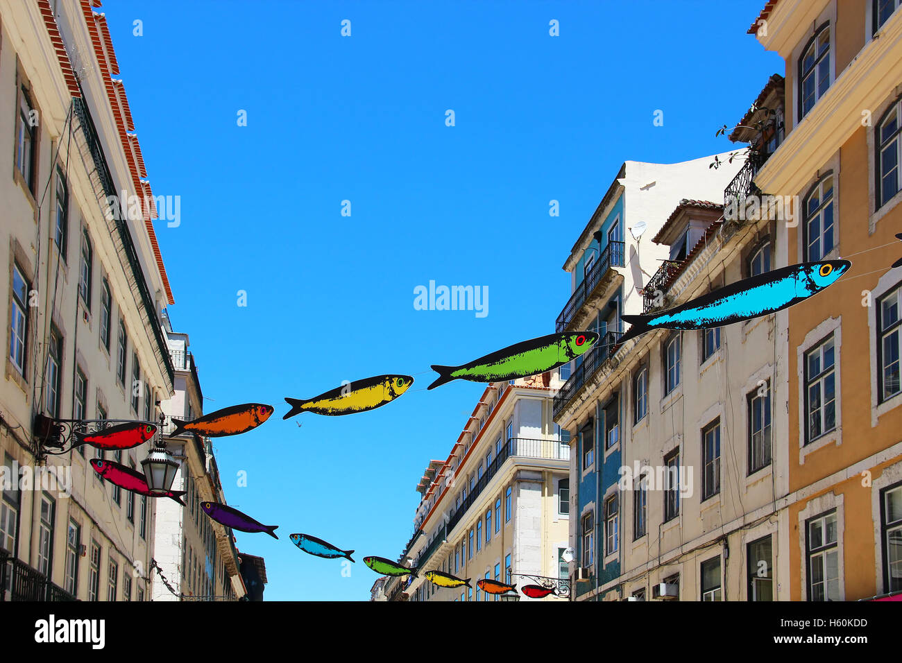 Via centrale di Lisbona decorato con sardine durante santi popolari Festival (Festas dos Santos Populare) Foto Stock
