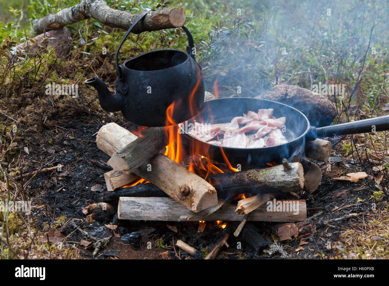 Stagno annerito bollitore di acqua bollente e in padella la pancetta su fiamme dal fuoco durante il trekking nella foresta Foto Stock