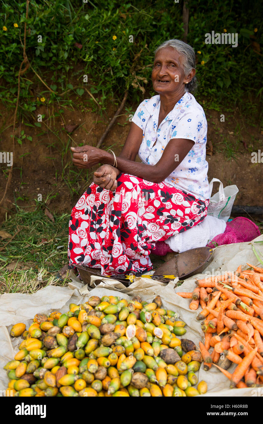 Donna verdure di vendita nel mercato, Ella, Sri Lanka Foto Stock