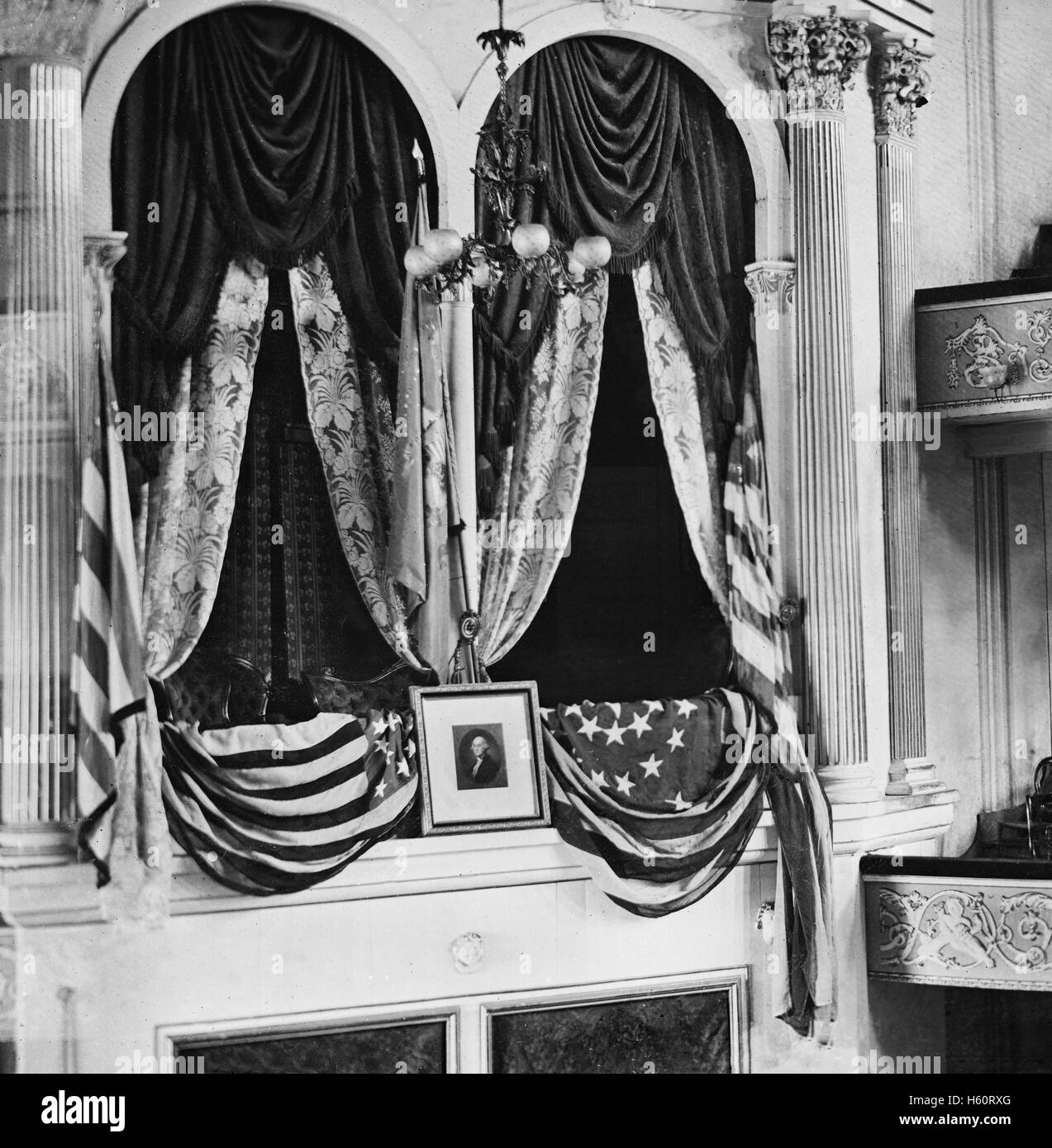 Stati Uniti Il presidente Abraham Lincoln della scatola a Ford's Theatre, Washington DC, USA, aprile 1865 Foto Stock