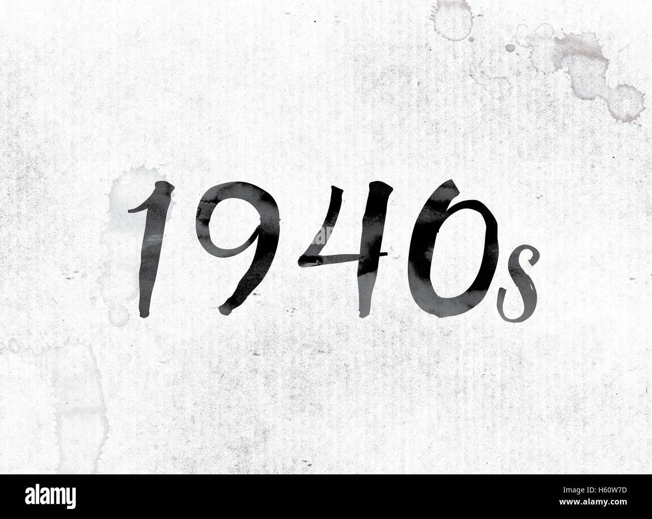 La parola '1940s' concetto e il tema dipinti ad acquerello l'inchiostro su un foglio di carta bianca. Foto Stock