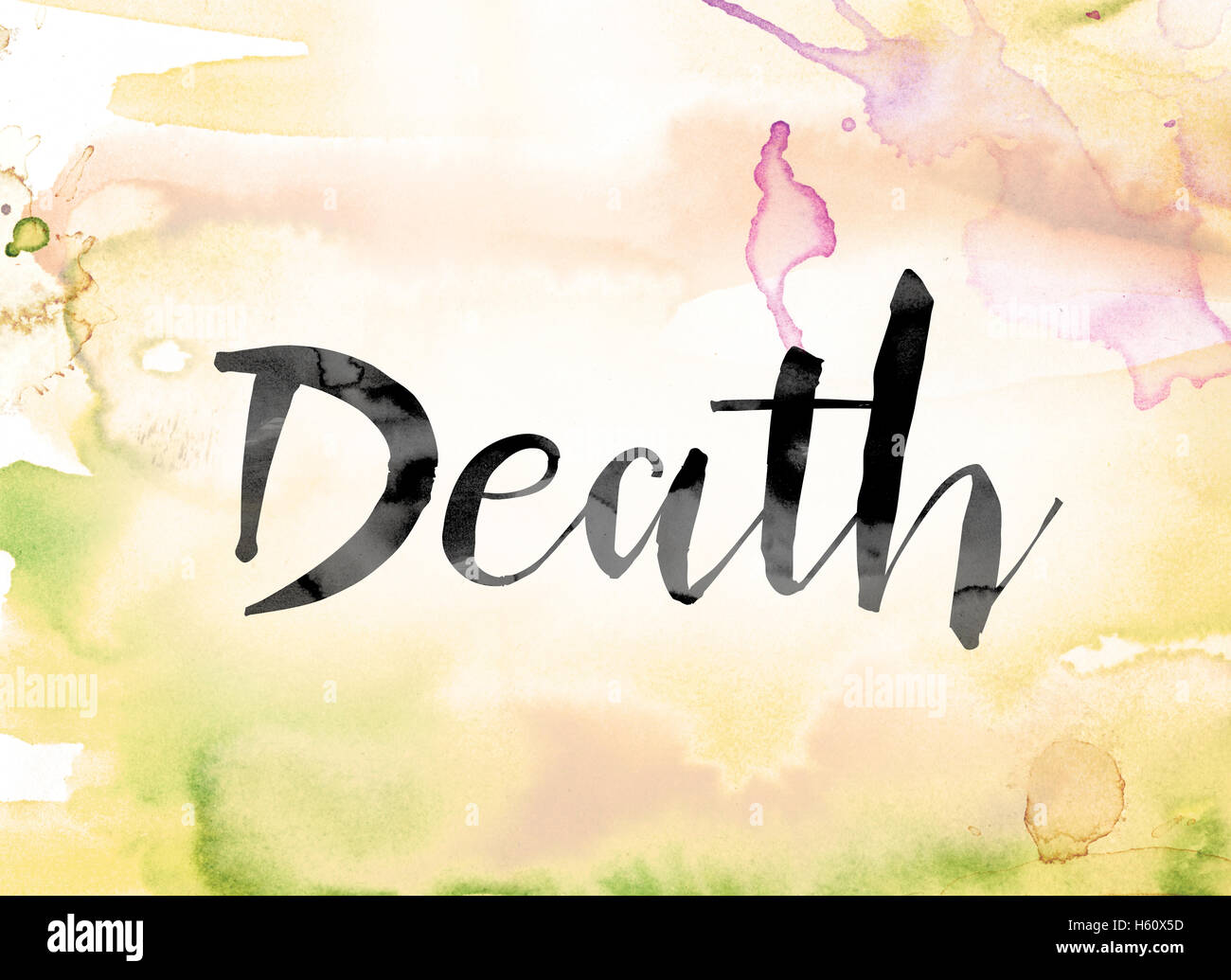 La parola 'Death' dipinta in inchiostro nero su un variopinto acquerello lavato il concetto di sfondo e tema. Foto Stock