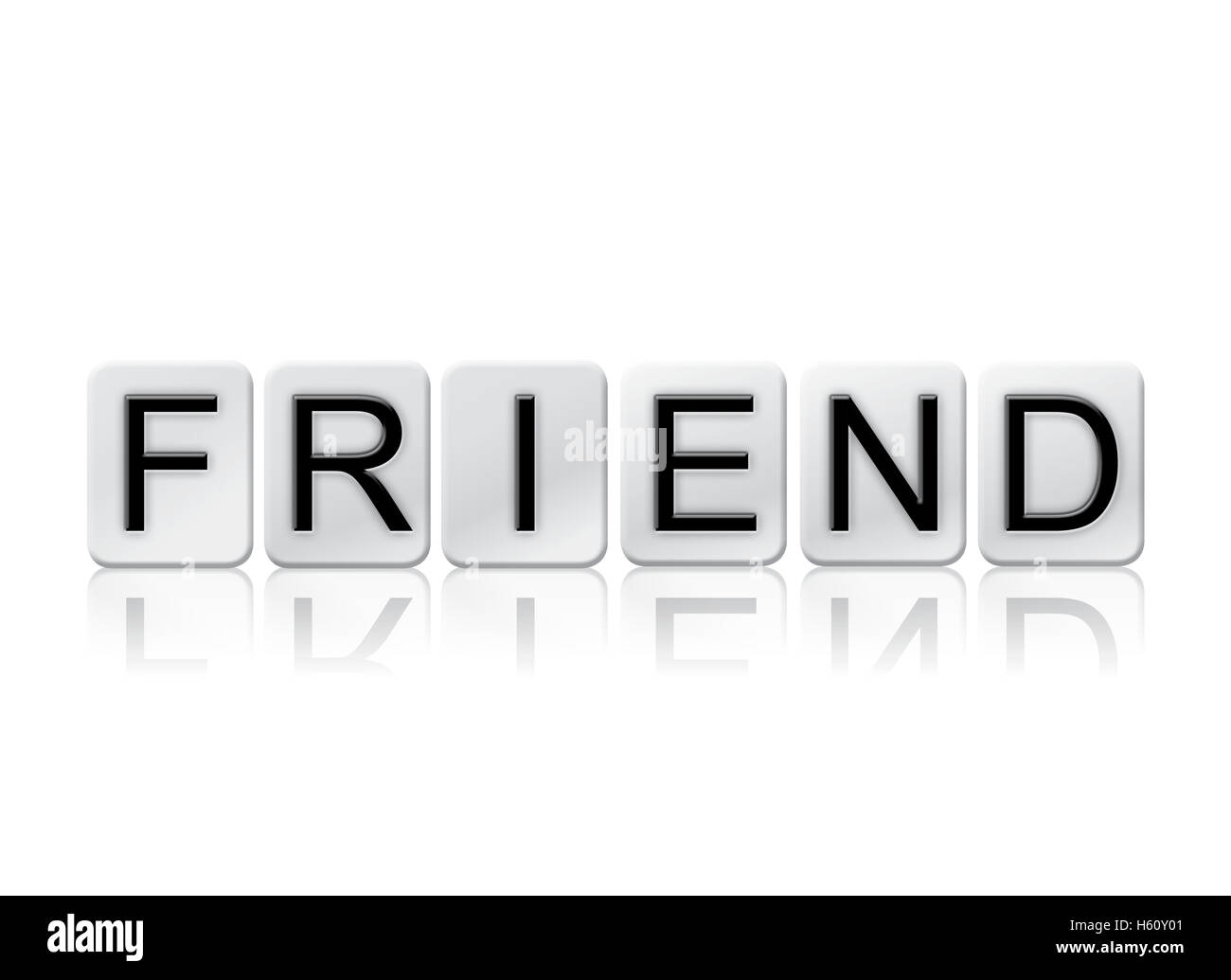 La parola "amico" scritto in lettere di piastrella isolato su uno sfondo bianco. Foto Stock