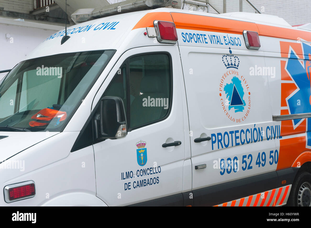 Ambulanza servizio di protezione civile, CAMBADOS PONTEVEDRA, provincia, regione della Galizia, Spagna, Europa Foto Stock