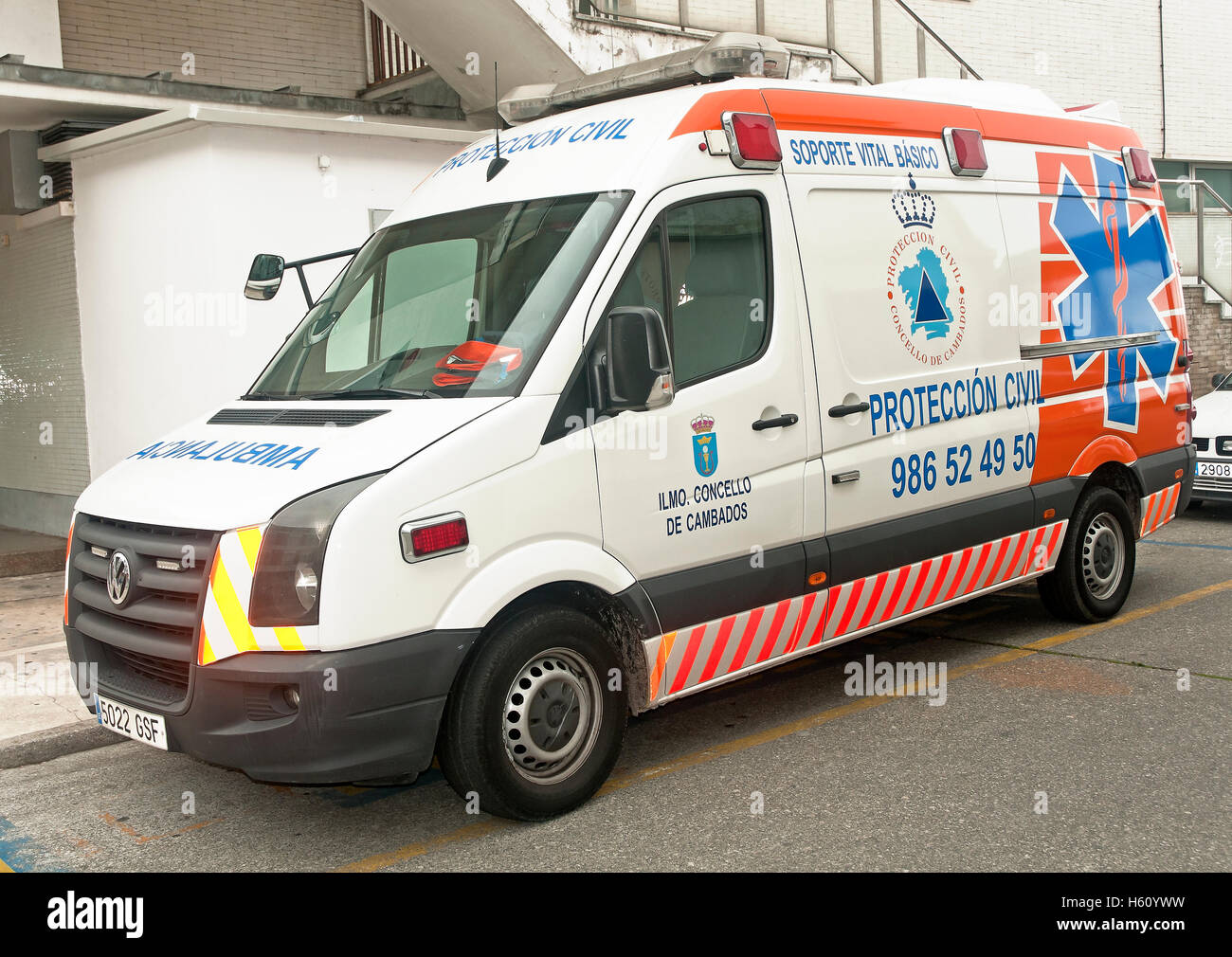 Ambulanza servizio di protezione civile, CAMBADOS PONTEVEDRA, provincia, regione della Galizia, Spagna, Europa Foto Stock