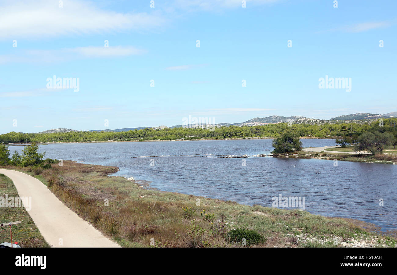 Mala Solina, un lago sulla Croazia Zablace penisola dove un hotel ed un centro turistico è dovuto essere costruito con un investimento da attore americano Brad Pitt. In una riunione del consiglio della città di Sibenik, funzionari ha adottato un emendamento globale a un piano Foto Stock