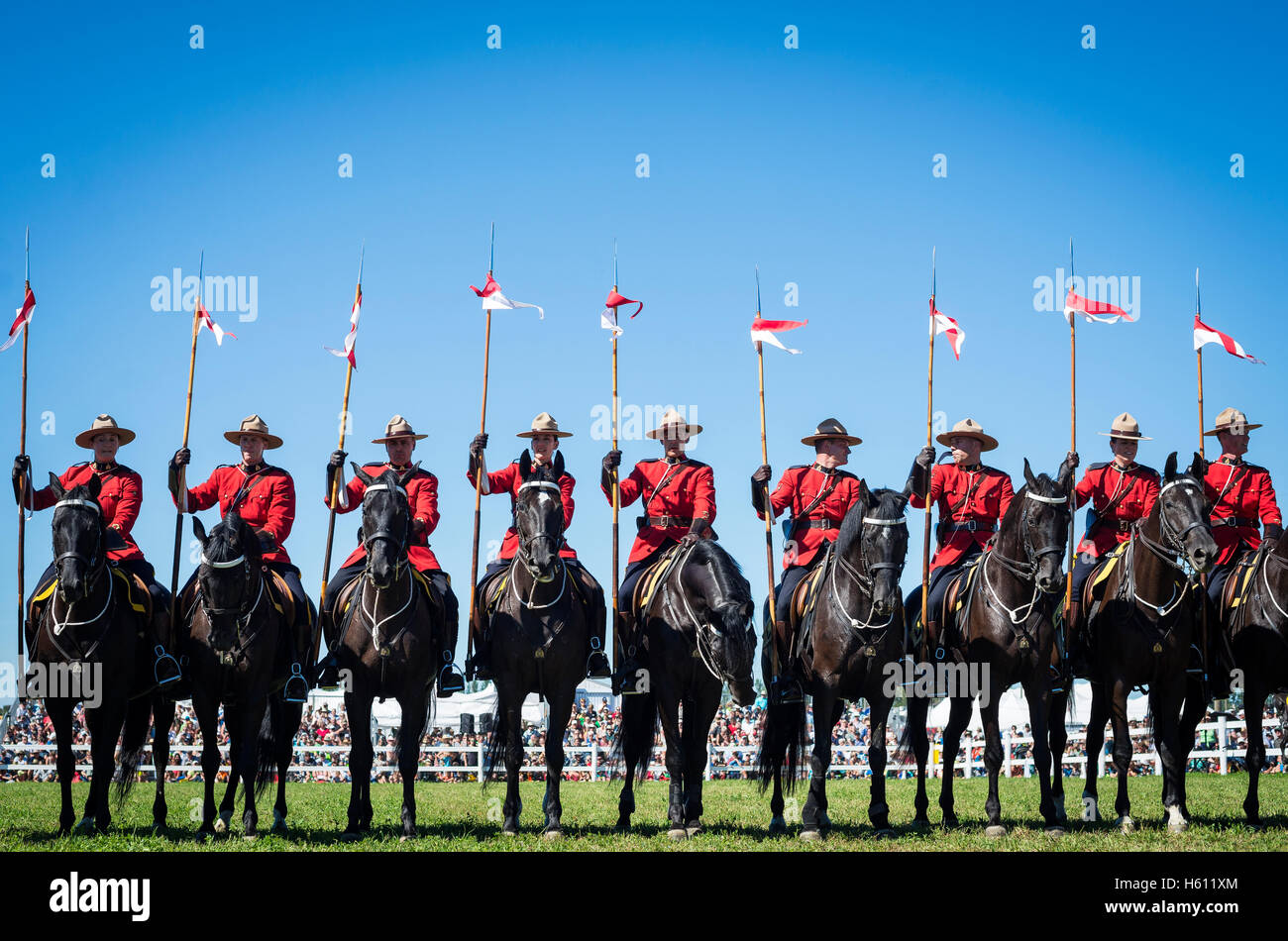 Royal Canadian polizia montata presso la International Match di aratura e rurali di Expo di Minto, Ontario Canada Foto Stock